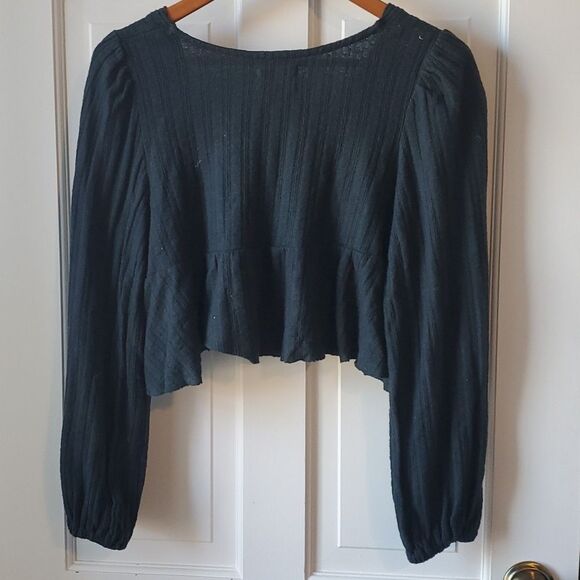URBAN OUTFITTERS DARK GREEN CROPPED BABYDOLL TOP PUFF SLEEVES V-NECK KNIT MEDIUM - Picture 7 of 8